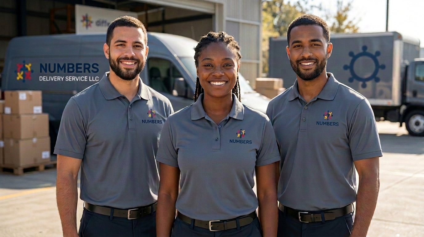 Numbers Delivery Service team members in matching gray polos with the Numbers logo, standing in front of gray Numbers branded delivery vehicles