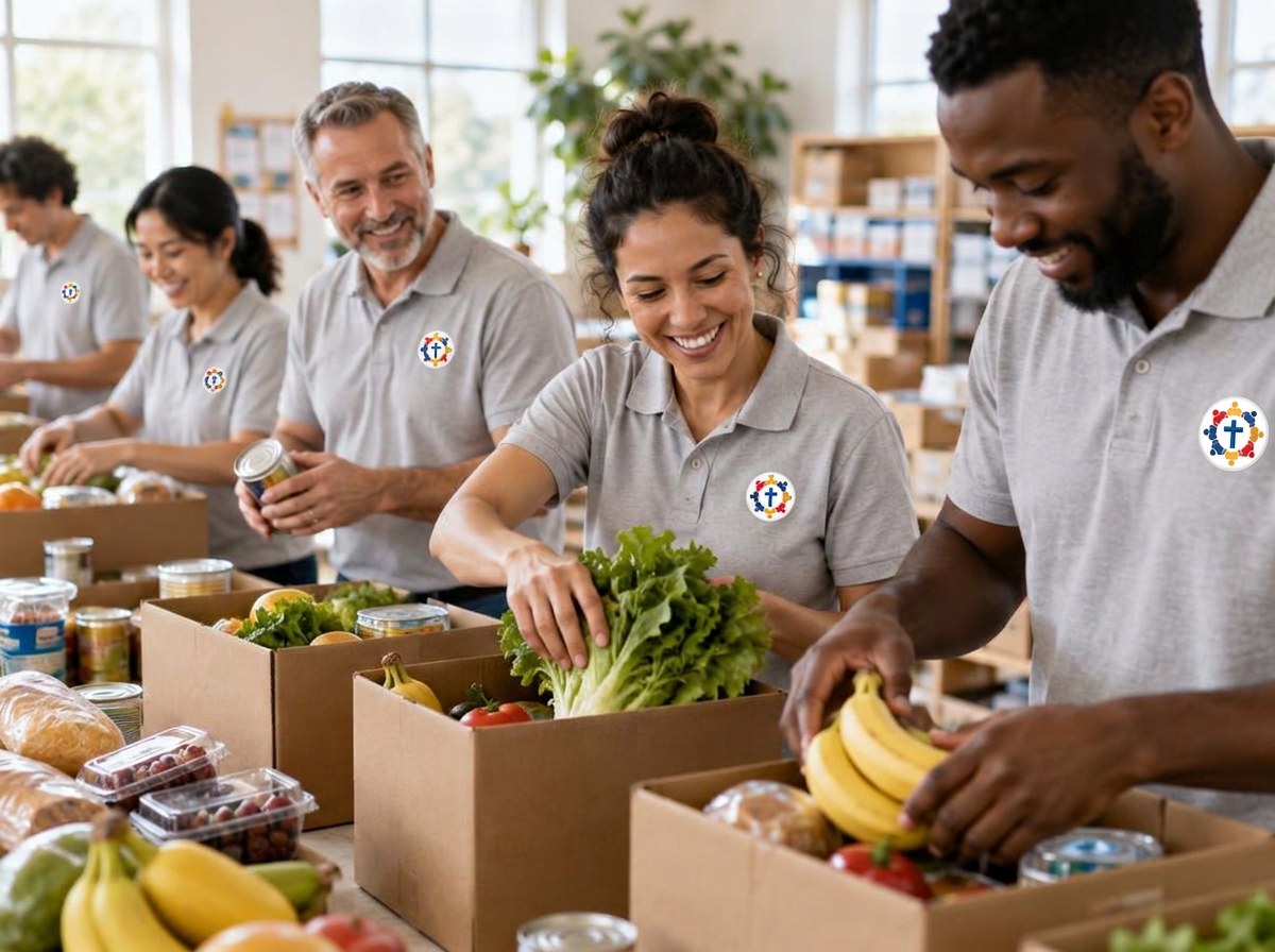 Diverse volunteers working together, handing community meal boxes to neighbors at a Numbers community hub