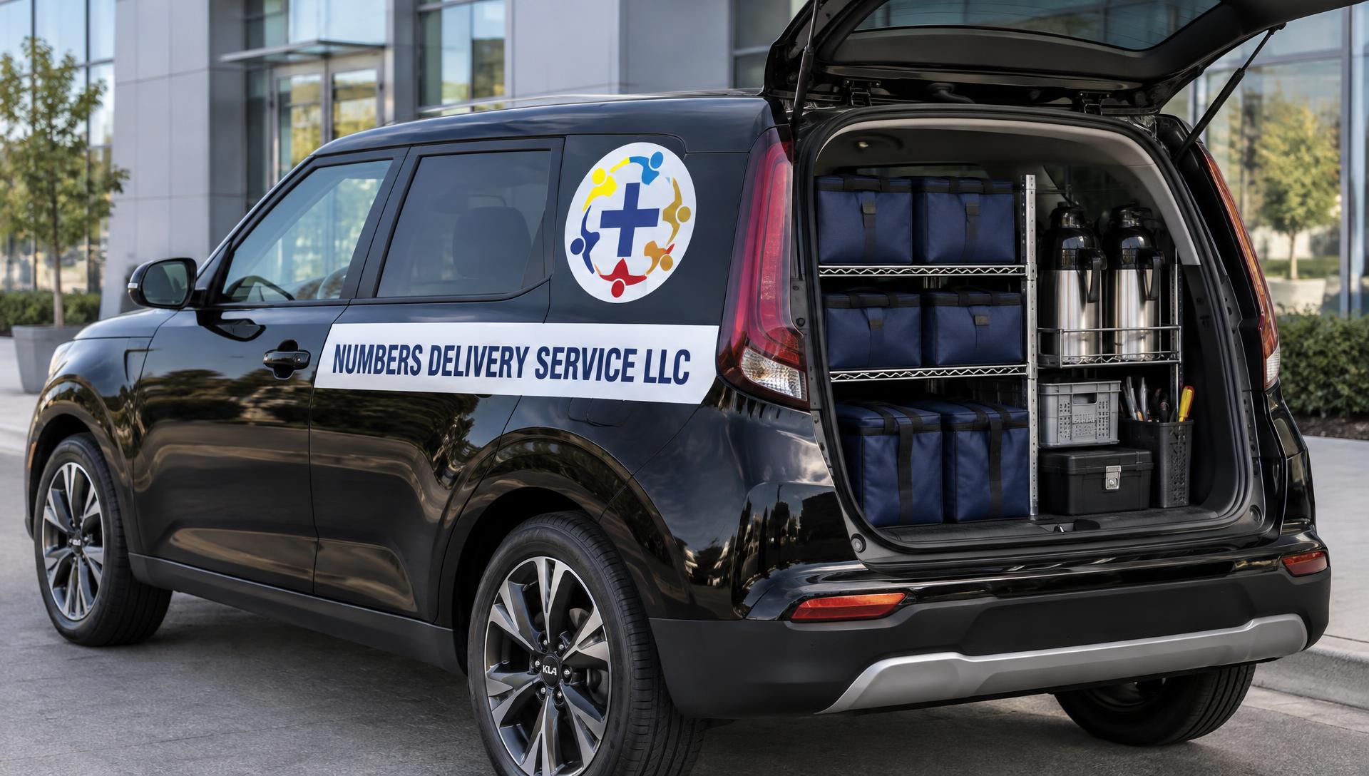 Black 2025 Kia Soul branded for Numbers Delivery Service with an open rear hatch showing organized insulated storage, labeled bins, and secure equipment storage